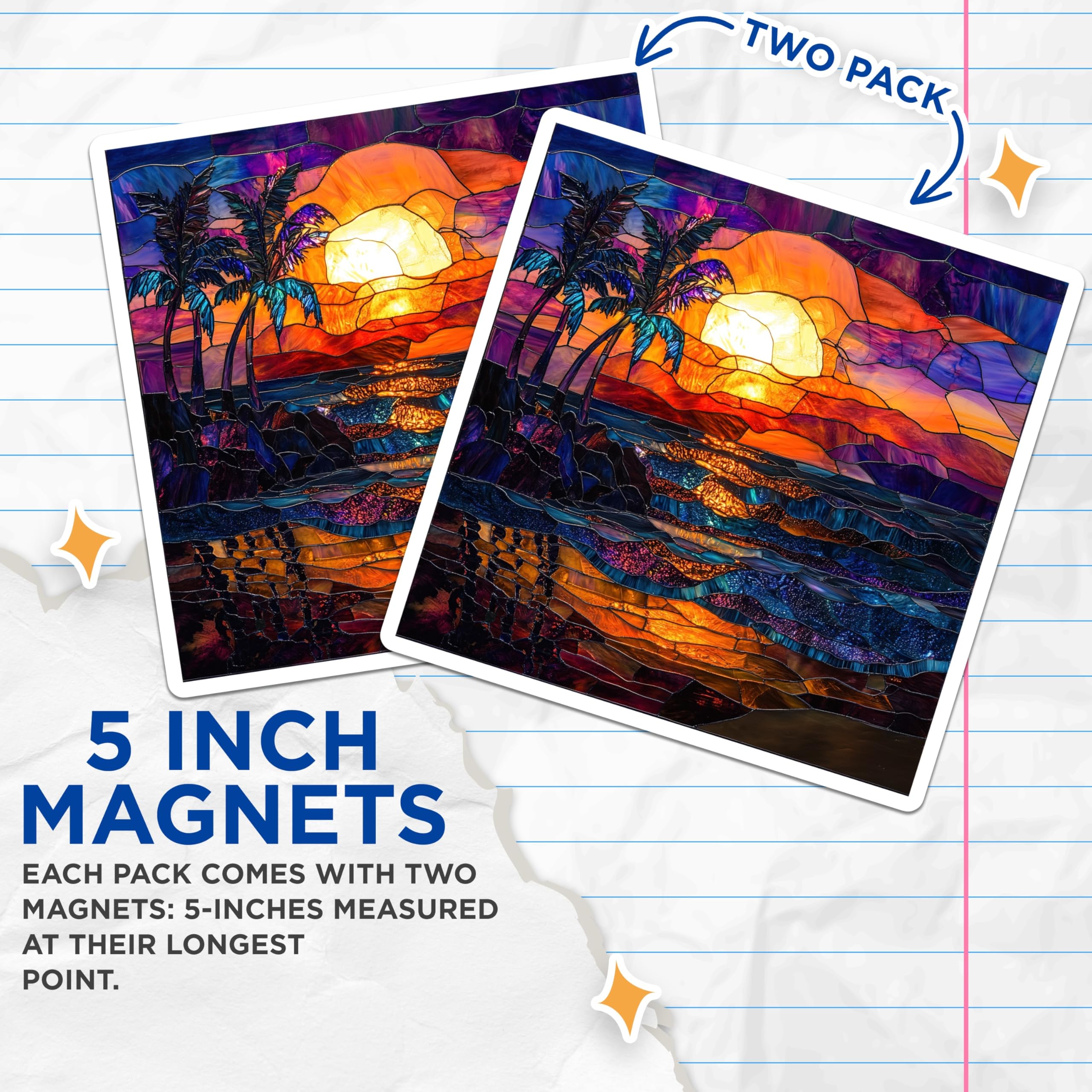 (2 Pack) Tropical Sunset Magnets - Stained Glass Palm Tree - Beach Ocean Refrigerator Art - 5 Inches On Longest Side - Thick Durable Magnet - Made in USA - MAG29917