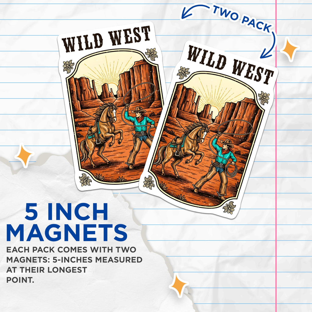 (2 Pack) Wild West Magnets - Cowboy Horse Scene - Western Decor Magnets - 5" On Longest Side - Premium Magnet - for Cars, Refrigerators, Toolboxes, Lockers - Made in USA - MAG14875