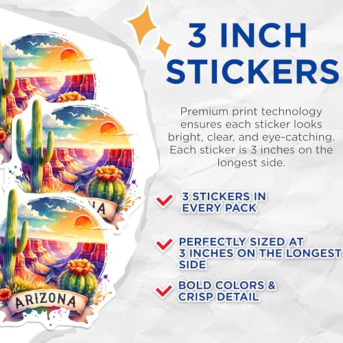 (3 Pack) Arizona Decals - Desert Landscape - Cactus Sunset- 3 Inches On Longest Side - Easy Peel & Apply - Made in USA - 3MCS5311