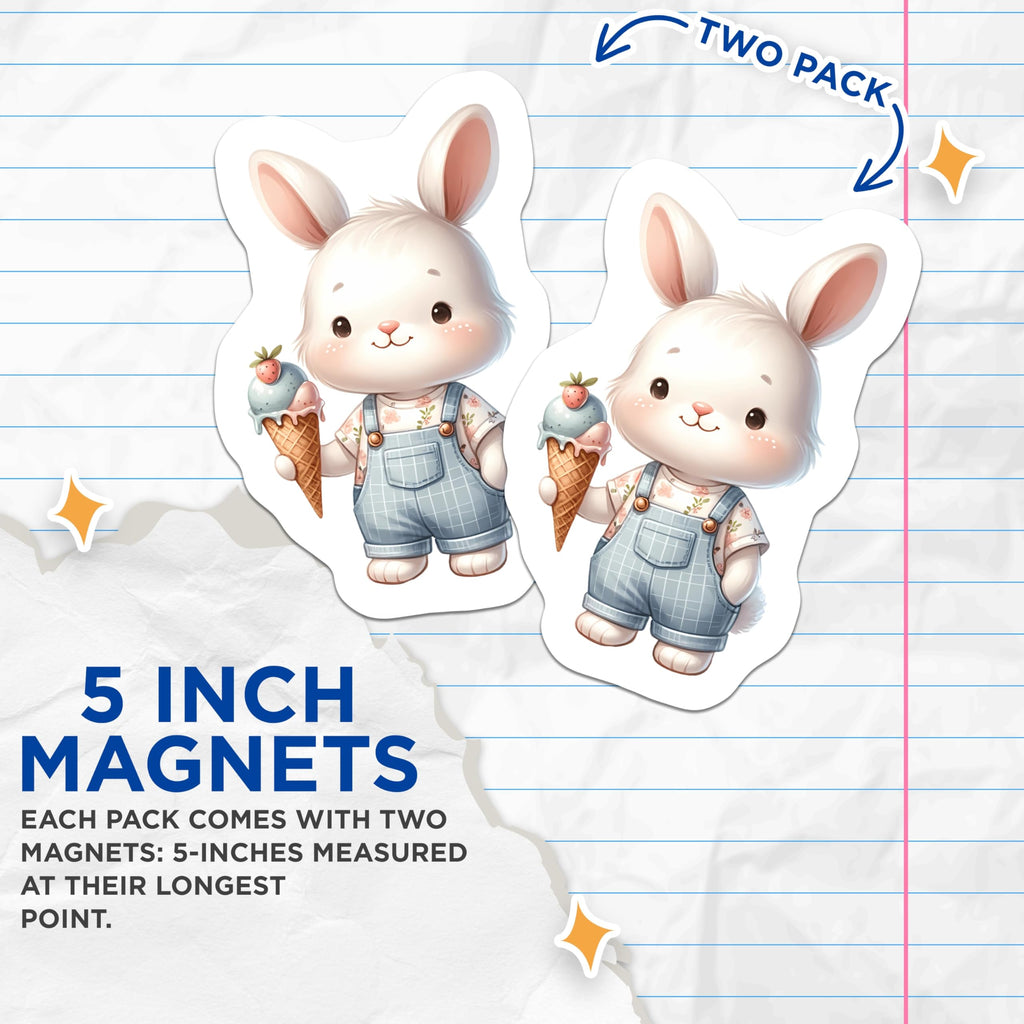 (2 Pack) Adorable Bunny Magnets - Sweet Ice Cream Rabbit Decor - Kawaii Kitchen Refrigerator Locker Appliance Accessory - 5 Inches On Longest Side - Thick Durable Magnet - Made in USA - MAG20784