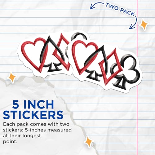 (2 Pack) Playing Card Symbols Stickers - Heart Diamond Spade Club - Poker Game Decorations - 5" On Longest Side - Sticks to Smooth Flat Surfaces - Made in USA - BMCS7084