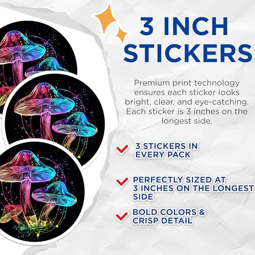(3 Pack) Trippy Mushroom Decals - Psychedelic Art Stickers - Colorful Fungi Decor- 3 Inches On Longest Side - Easy Peel & Apply - Made in USA - 3MCS5492