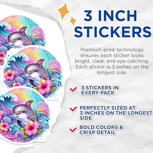 (3 Pack) Dolphin Decals - Rainbow Ocean Waves Sticker - Tropical Hibiscus Flower Decal - Laptop Decal - 3 Inches On Longest Side - Easy Peel & Apply - Made in USA - 3MCS8243