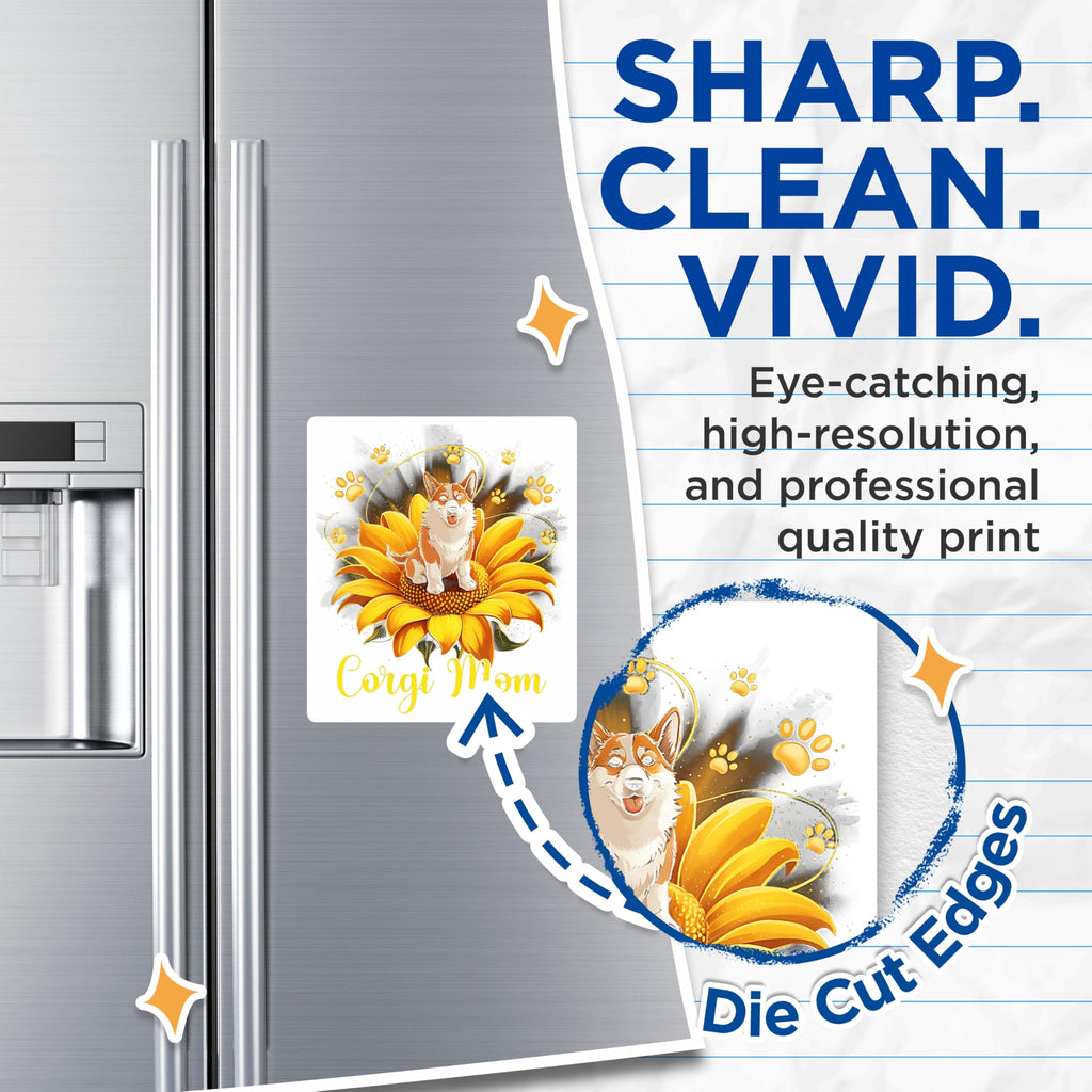 (2 Pack) Corgi Mom Sunflower Magnets - Adorable Dog Art - Pet Parent Refrigerator Decor - 5 Inches On Longest Side - Thick Durable Magnet - Made in USA - MAG23309