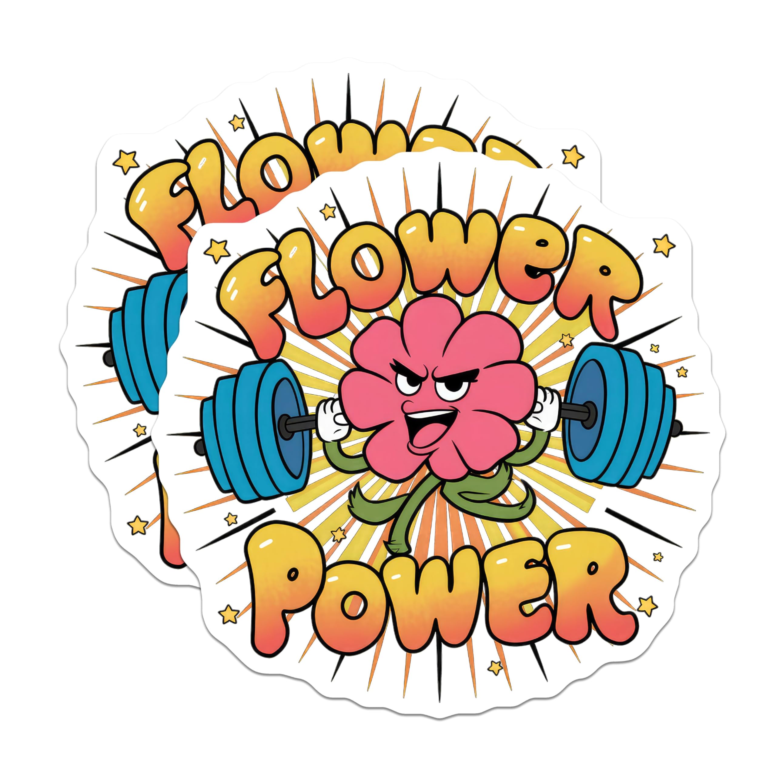 (2 Pack) Flower Power Stickers - Cartoon Flower - Workout Motivational Stickers - 5" On Longest Side - Sticks to Smooth Flat Surfaces - Made in USA - BMCS5847