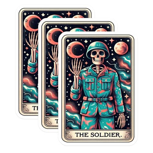 (3 Pack) Soldier Skeleton Decals - Tarot Card Art - Laptop Decal - Military Theme - 3 Inches On Longest Side - Easy Peel & Apply - Made in USA - 3MCS4268