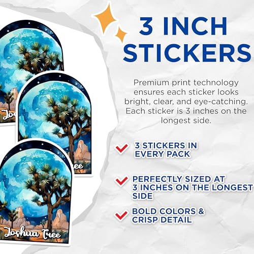 (3 Pack) Joshua Tree Decals - Desert Landscape - Moon Art Decals - 3 Inches On Longest Side - Easy Peel & Apply - Made in USA - 3MCS0411