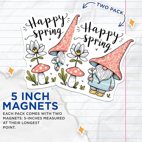 (2 Pack) Happy Spring Gnome Magnets - Floral Gnome Decor - 5" On Longest Side - for Cars, Fridges, Toolboxes - Made in USA - MAG7997