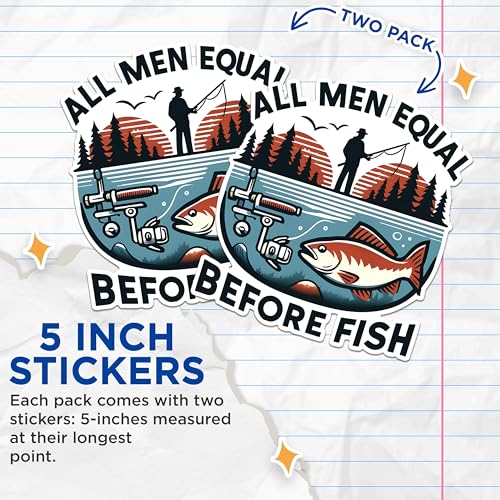 (2 Pack) Fishing Quote Stickers - All Men Equal Fishing Decals - Funny Fishing Adventure Stickers - 5" On Longest Side - Sticks to Any Smooth Flat Surface - Made in USA - BMCS2636