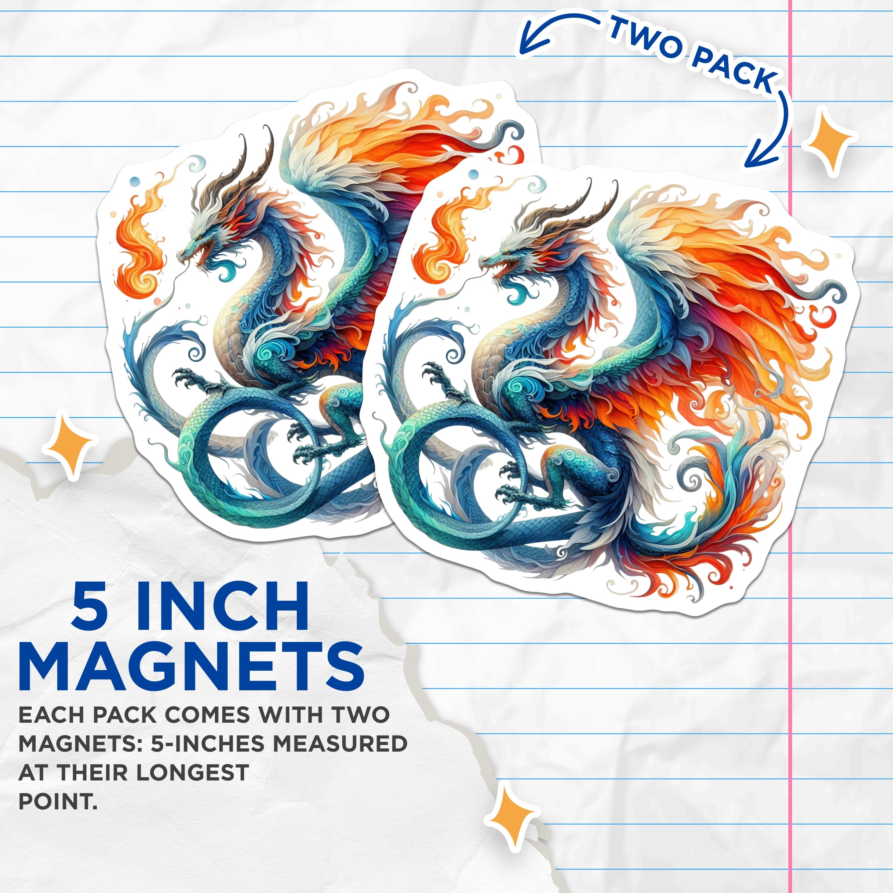 (2 Pack) Vibrant Dragon Magnets - Fantasy Art Fridge Decor - Mythical Creature Home Accent - 5 Inches On Longest Side - Thick Durable Magnet - Made in USA - MAG37079