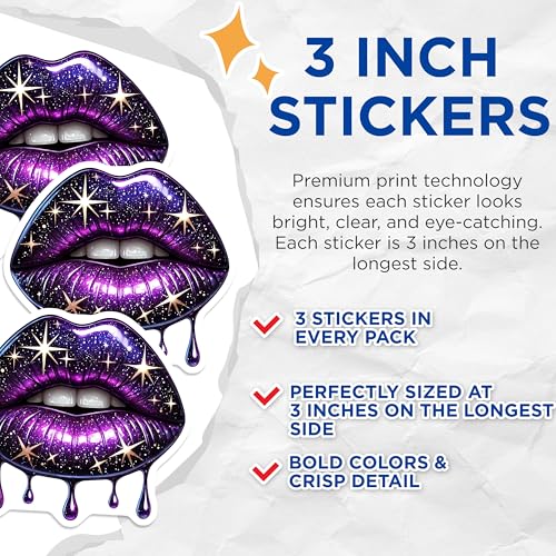 (3 Pack) Galaxy Lips Decals - Space Lips Decals - Cosmic Kiss Stickers - 3 Inches On Longest Side - Easy Peel & Apply - Made in USA - 3MCS2324