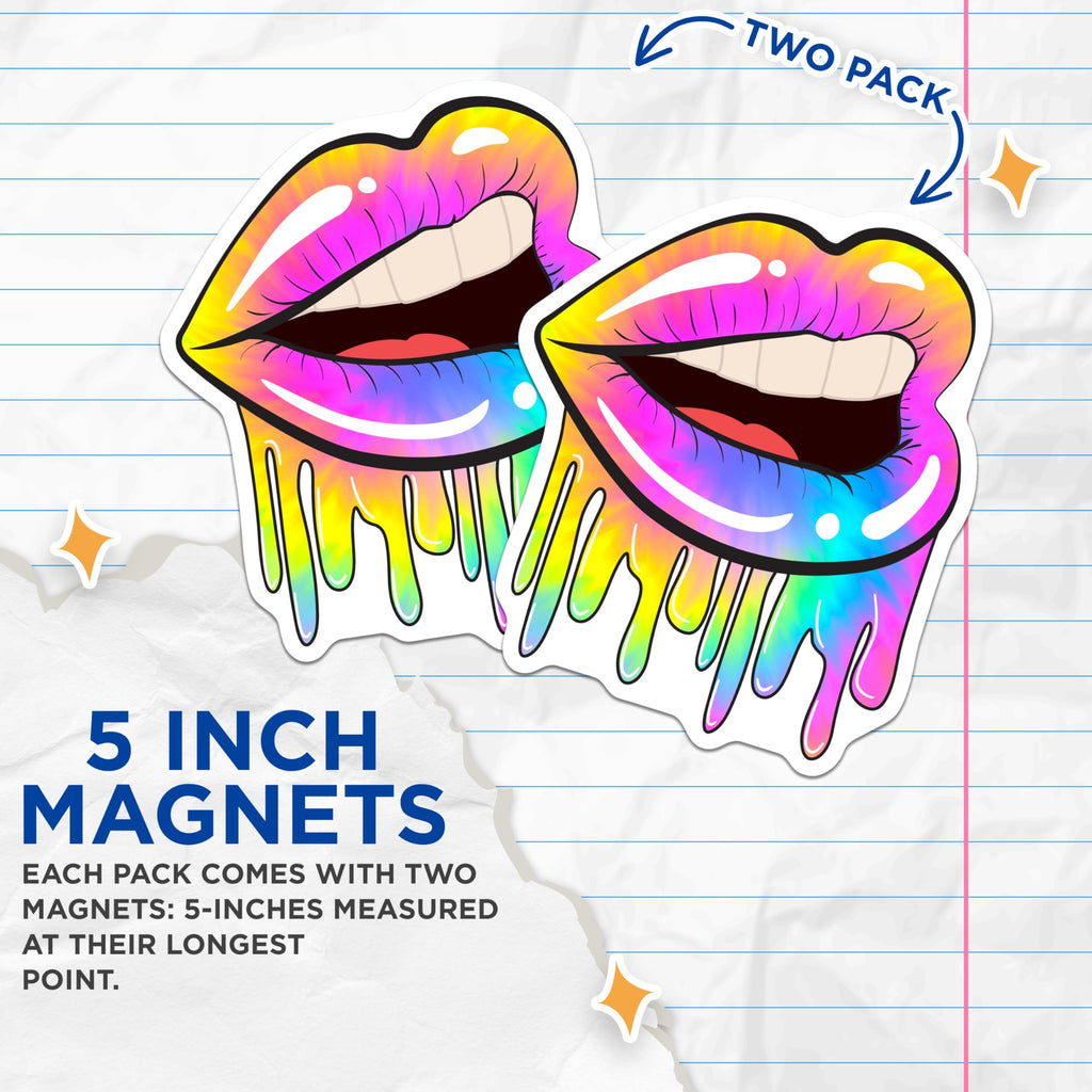 (2 Pack) Vibrant Tie Dye Lips Magnets - Dripping Psychedelic Mouth Art - Colorful Rainbow Aesthetic Decor - 5 Inches On Longest Side - Thick Durable Magnet - Made in USA - MAG22500