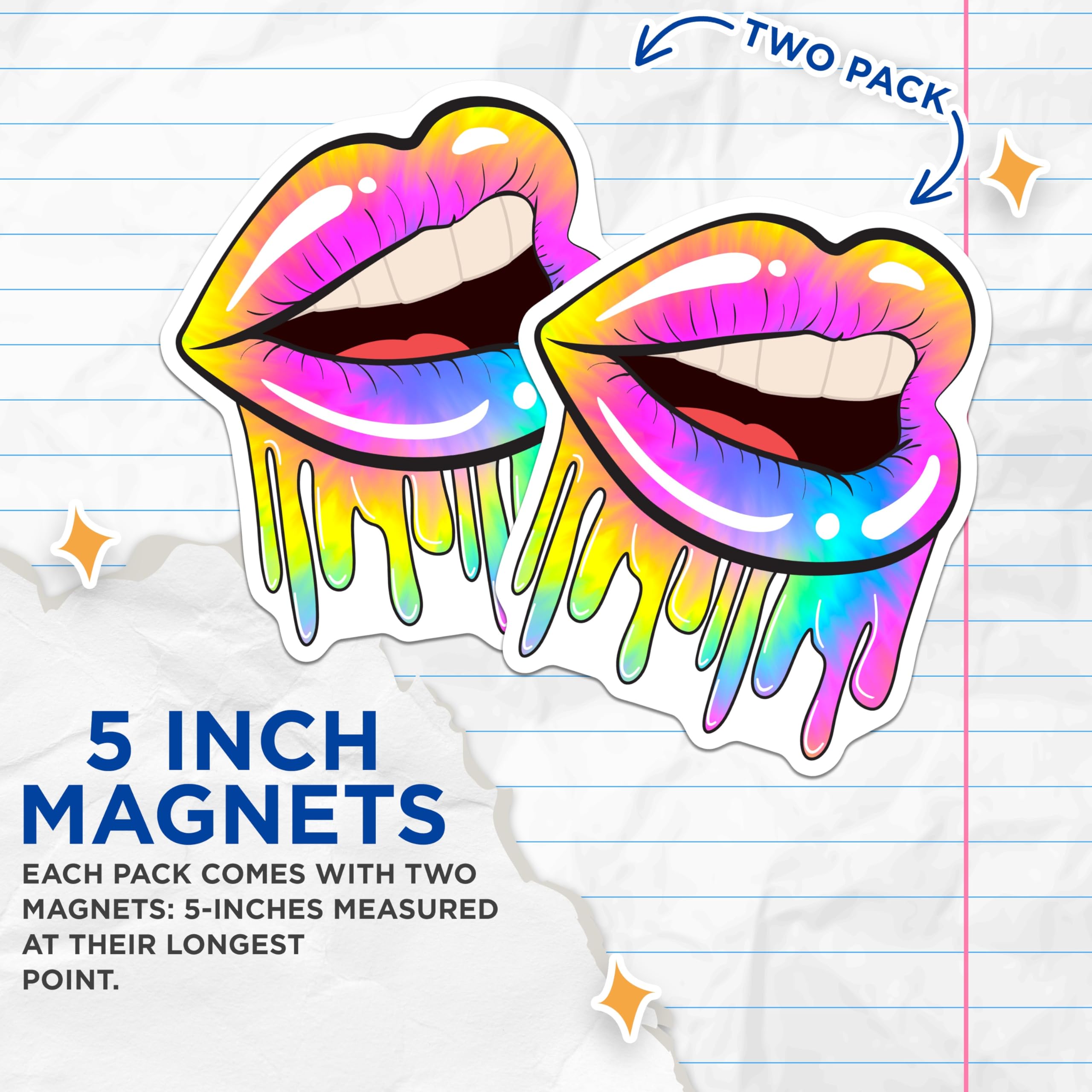 (2 Pack) Vibrant Tie Dye Lips Magnets - Dripping Psychedelic Mouth Art - Colorful Rainbow Aesthetic Decor - 5 Inches On Longest Side - Thick Durable Magnet - Made in USA - MAG22500