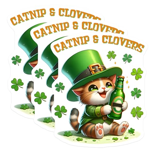 (3 Pack) St Patricks Day Decals - Leprechaun Cat - Clover Stickers - 3 Inches On Longest Side - Easy Peel & Apply - Made in USA - 3MCS6877