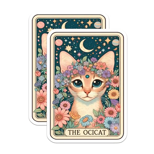 (2 Pack) Floral Cat Stickers - Whimsical Cat Art Decals - Psychedelic Animal Stickers - 5" On Longest Side - Sticks to Smooth Flat Surfaces - Made in USA - BMCS5232