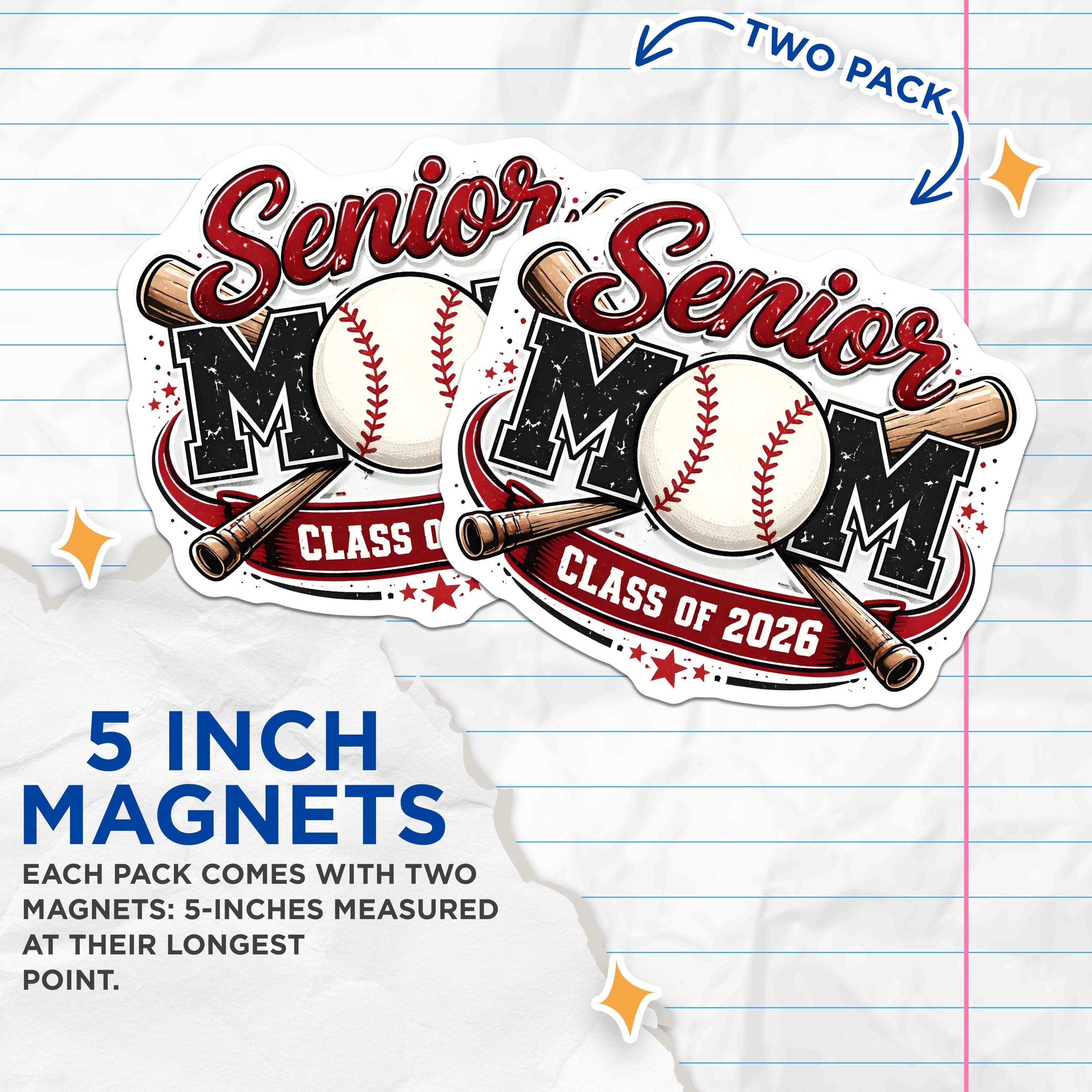 (2 Pack) Senior Mom 2026 Magnets - Baseball Mama Spirit - Graduation Team Pride - 5 Inches On Longest Side - Thick Durable Magnet - Made in USA - MAG38060
