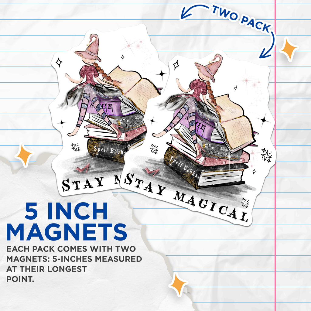 (2 Pack) Whimsical Witch Magnets - Magical Books Decor - Stay Magical Charm Fridge Locker - 5 Inches On Longest Side - Thick Durable Magnet - Made in USA - MAG39409