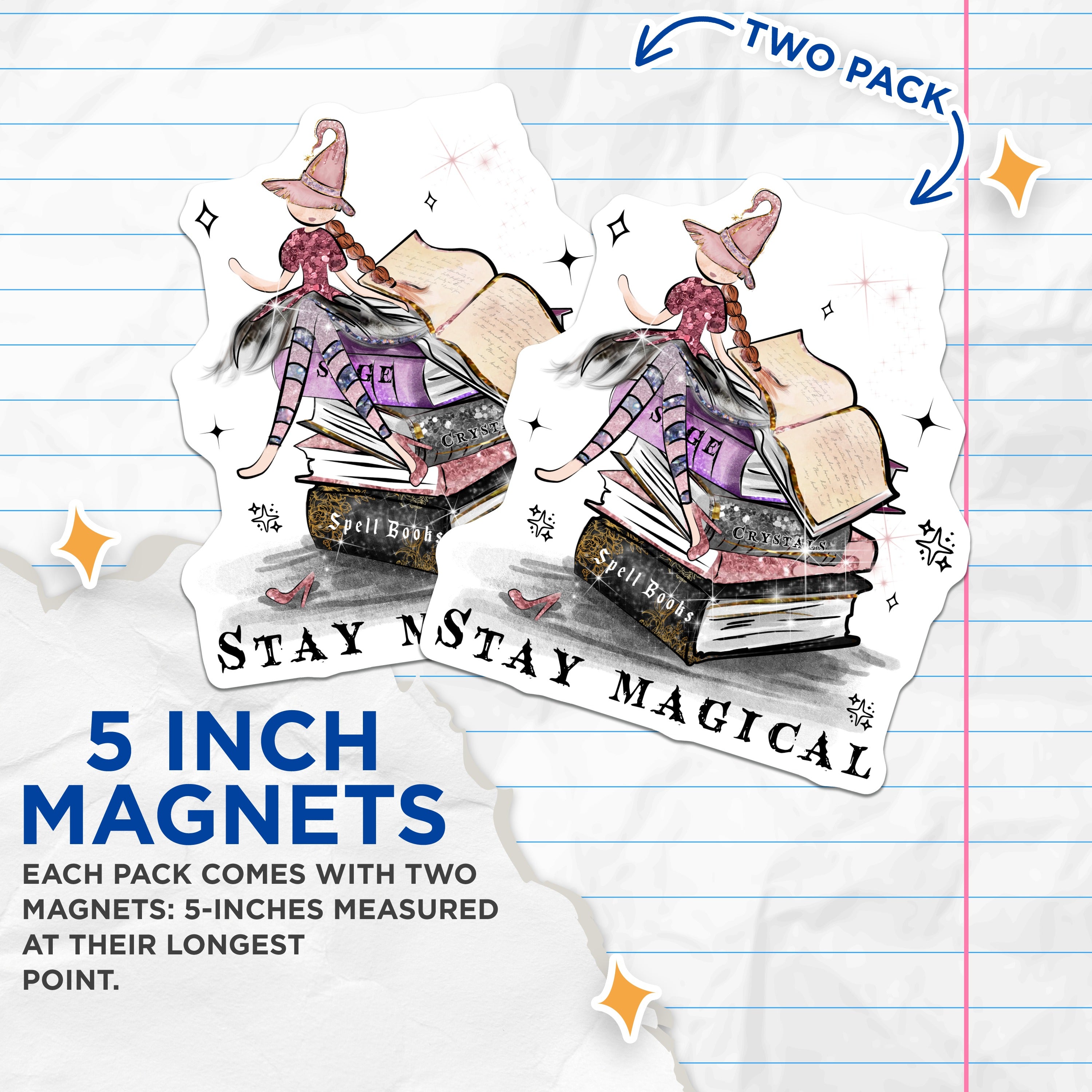 (2 Pack) Whimsical Witch Magnets - Magical Books Decor - Stay Magical Charm Fridge Locker - 5 Inches On Longest Side - Thick Durable Magnet - Made in USA - MAG39409