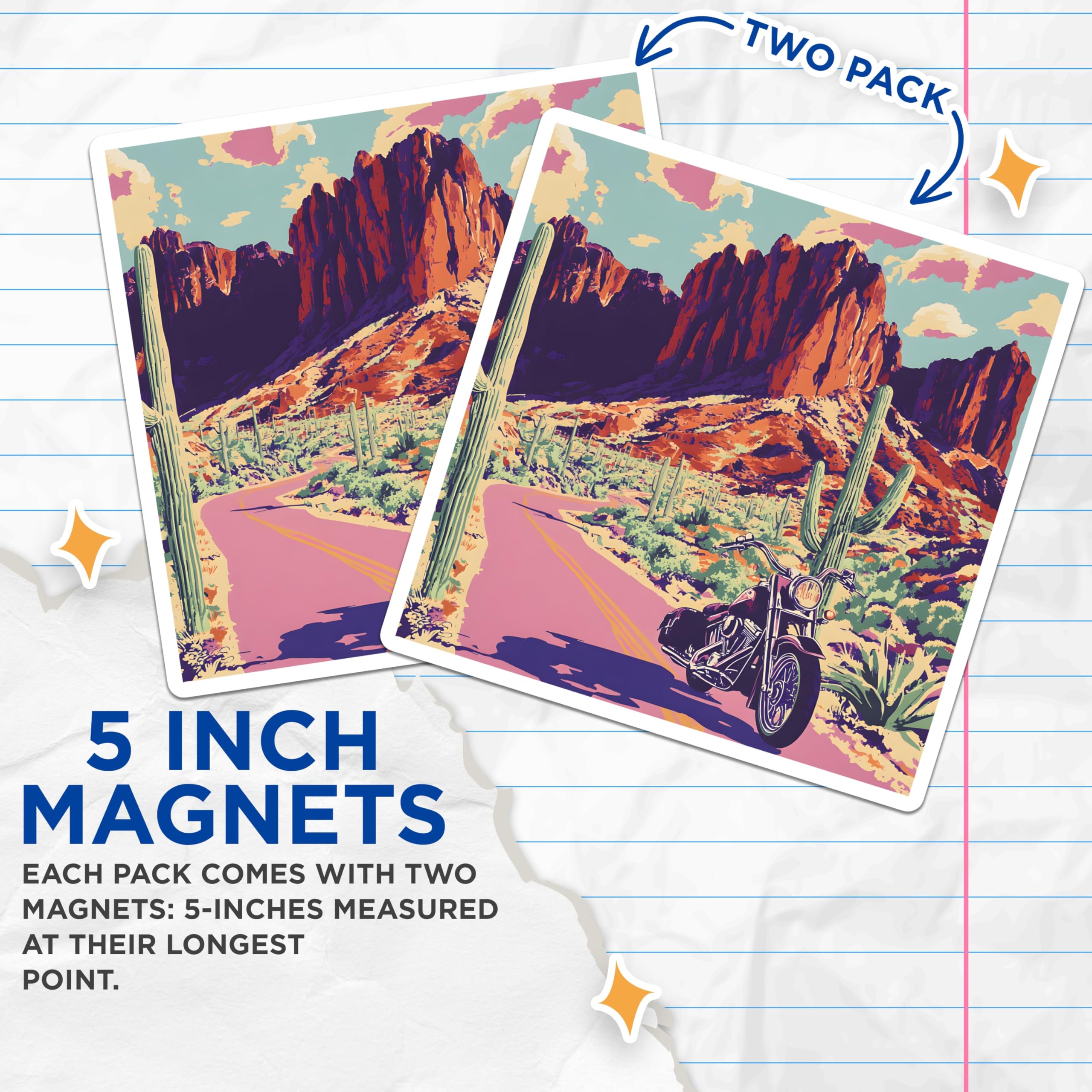 (2 Pack) Motorcycle Desert Magnets - Arizona Road Trip - Superstition Mountains Decor - 5" On Longest Side - Premium Magnet - for Cars, Refrigerators, Toolboxes, Lockers - Made in USA - MAG18299