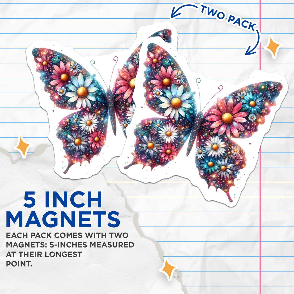 (2 Pack) Sparkly Butterfly Magnets - Floral Fridge Decor - Aesthetic Locker Accessory - 5 Inches On Longest Side - Thick Durable Magnet - Made in USA - MAG38397