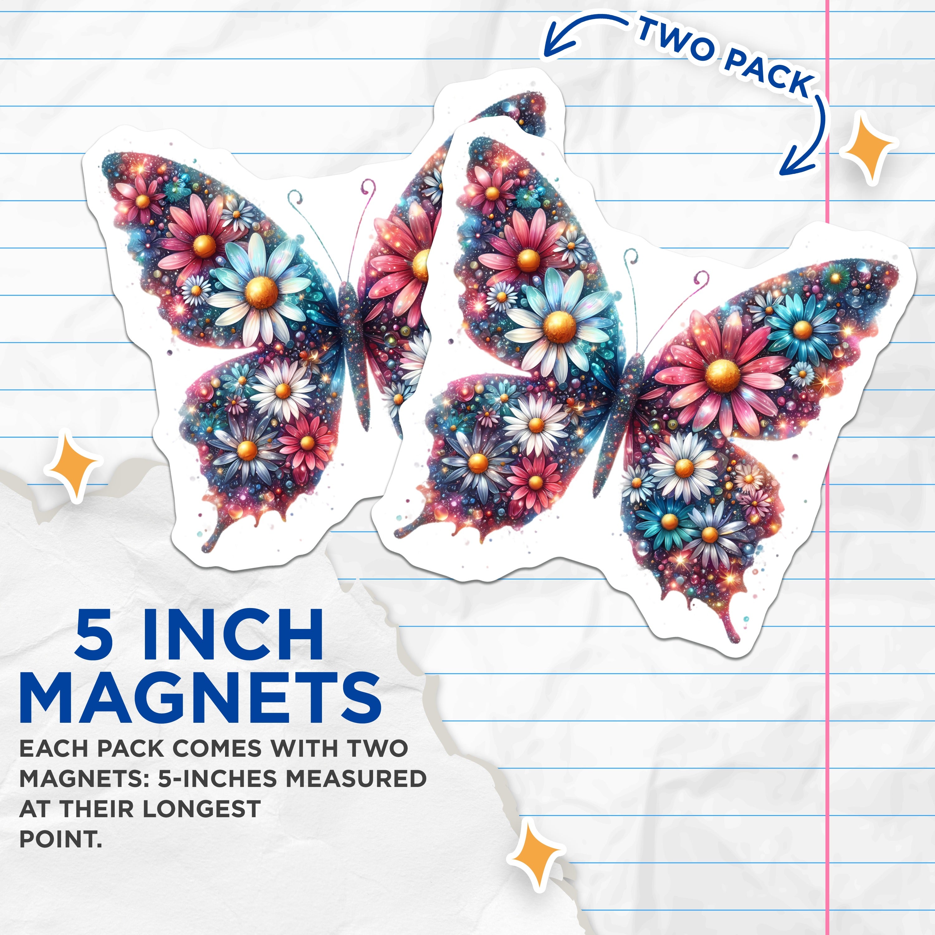 (2 Pack) Sparkly Butterfly Magnets - Floral Fridge Decor - Aesthetic Locker Accessory - 5 Inches On Longest Side - Thick Durable Magnet - Made in USA - MAG38397