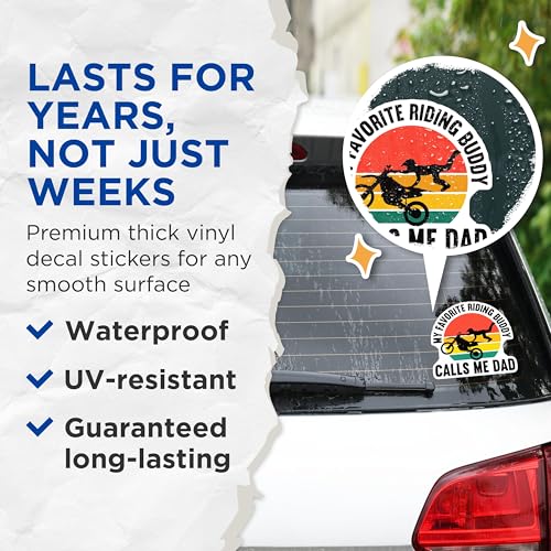 (2 Pack) Dad Riding Buddy Stickers - Motorcycle Dad Stickers - Dirt Bike Riding Dad Stickers - 5" On Longest Side - Sticks to Smooth Flat Surfaces - Made in USA - BMCS5840