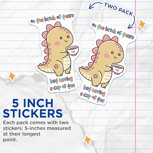 (2 Pack) Cute Dinosaur Stickers - Funny Tea Stickers - Whimsical Dino Art - 5" On Longest Side - Sticks to Any Smooth Flat Surface - Made in USA - BMCS3303