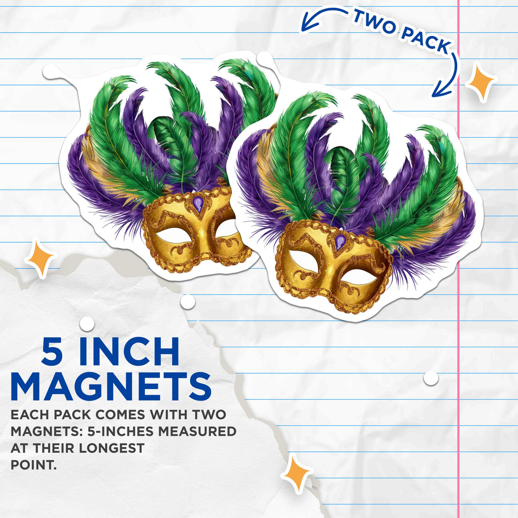(2 Pack) Mardi Gras Mask Magnets - Festive New Orleans Decor - Vibrant Carnival Celebration Art - 5 Inches On Longest Side - Thick Durable Magnet - Made in USA - MAG36298