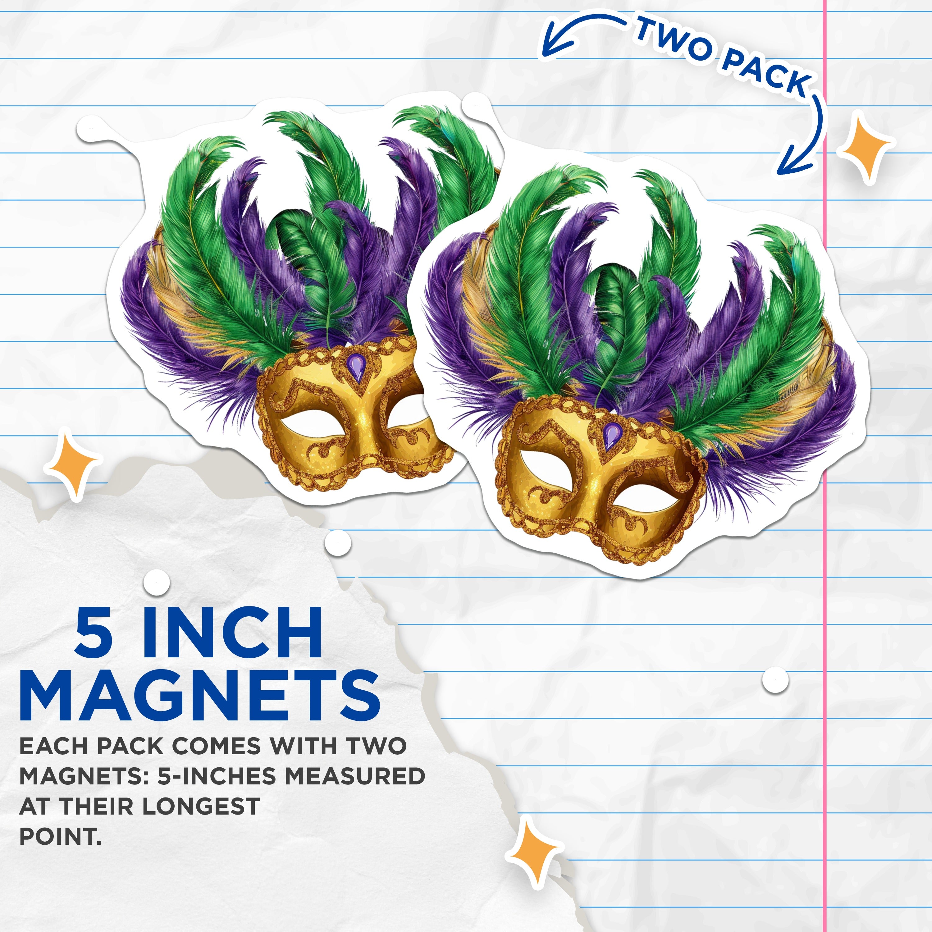 (2 Pack) Mardi Gras Mask Magnets - Festive New Orleans Decor - Vibrant Carnival Celebration Art - 5 Inches On Longest Side - Thick Durable Magnet - Made in USA - MAG36298