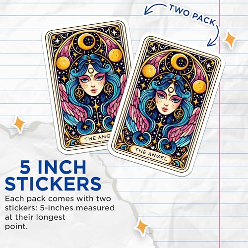 (2 Pack) Tarot Card The Angel Stickers - Mystical Moon Star Stickers - Fantasy Tarot Stickers - 5" On Longest Side - Sticks to Smooth Flat Surfaces - Made in USA - BMCS5344