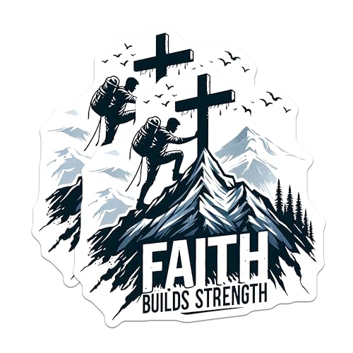 (2 Pack) Faith Builds Strength Stickers - Inspirational Mountain Climbing - Motivational Quote Adventure - 5" On Longest Side - Sticks to Smooth Flat Surfaces - Made in USA - BMCS9645