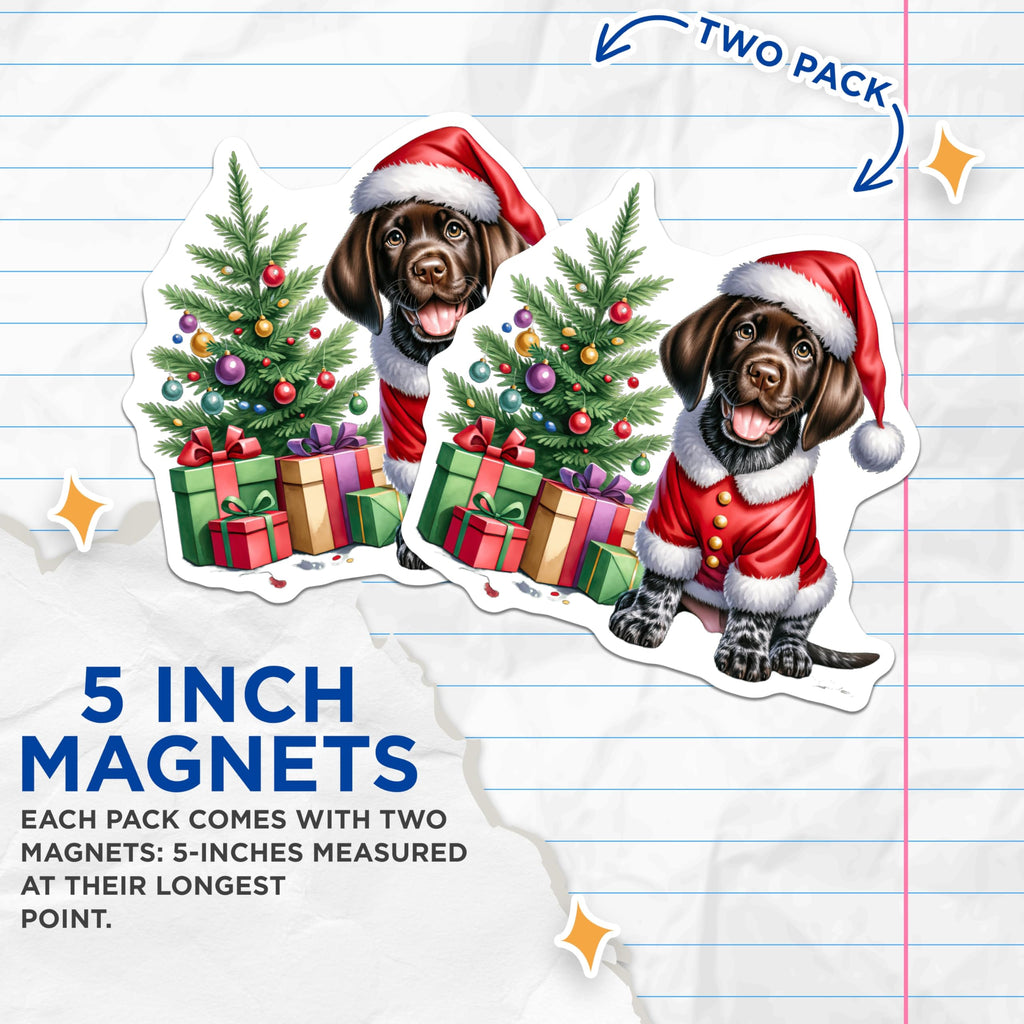 (2 Pack) Festive Puppy Magnets - Santa Dog Christmas Decor - Adorable Pet Holiday Accent - Winter Refrigerator Charm - 5 Inches On Longest Side - Thick Durable Magnet - Made in USA - MAG26570