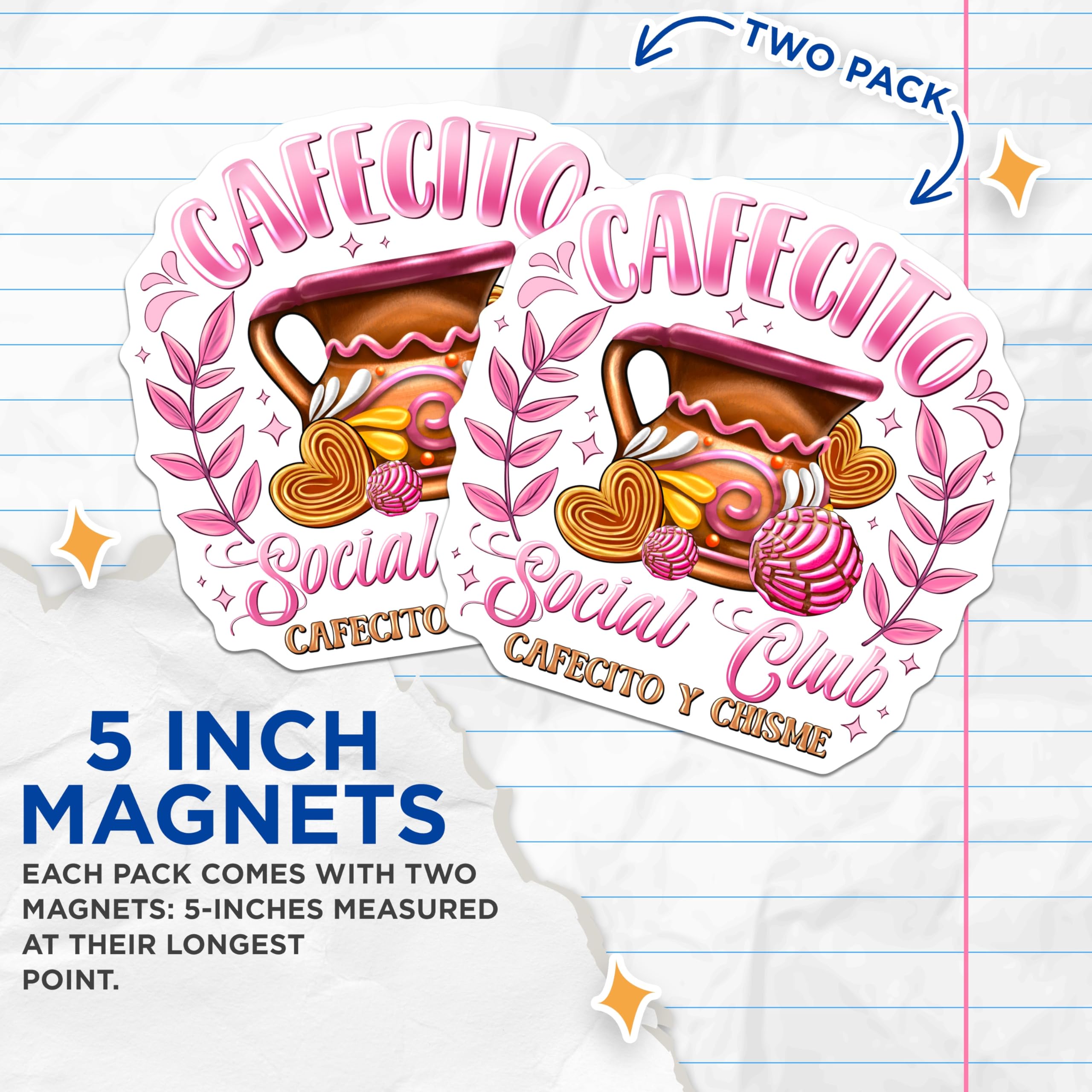 (2 Pack) Cafecito Social Club Magnets - Latina Kitchen Decor - Concha Pan Dulce Art - Chisme Cafe Accessories - 5 Inches On Longest Side - Thick Durable Magnet - Made in USA - MAG26775