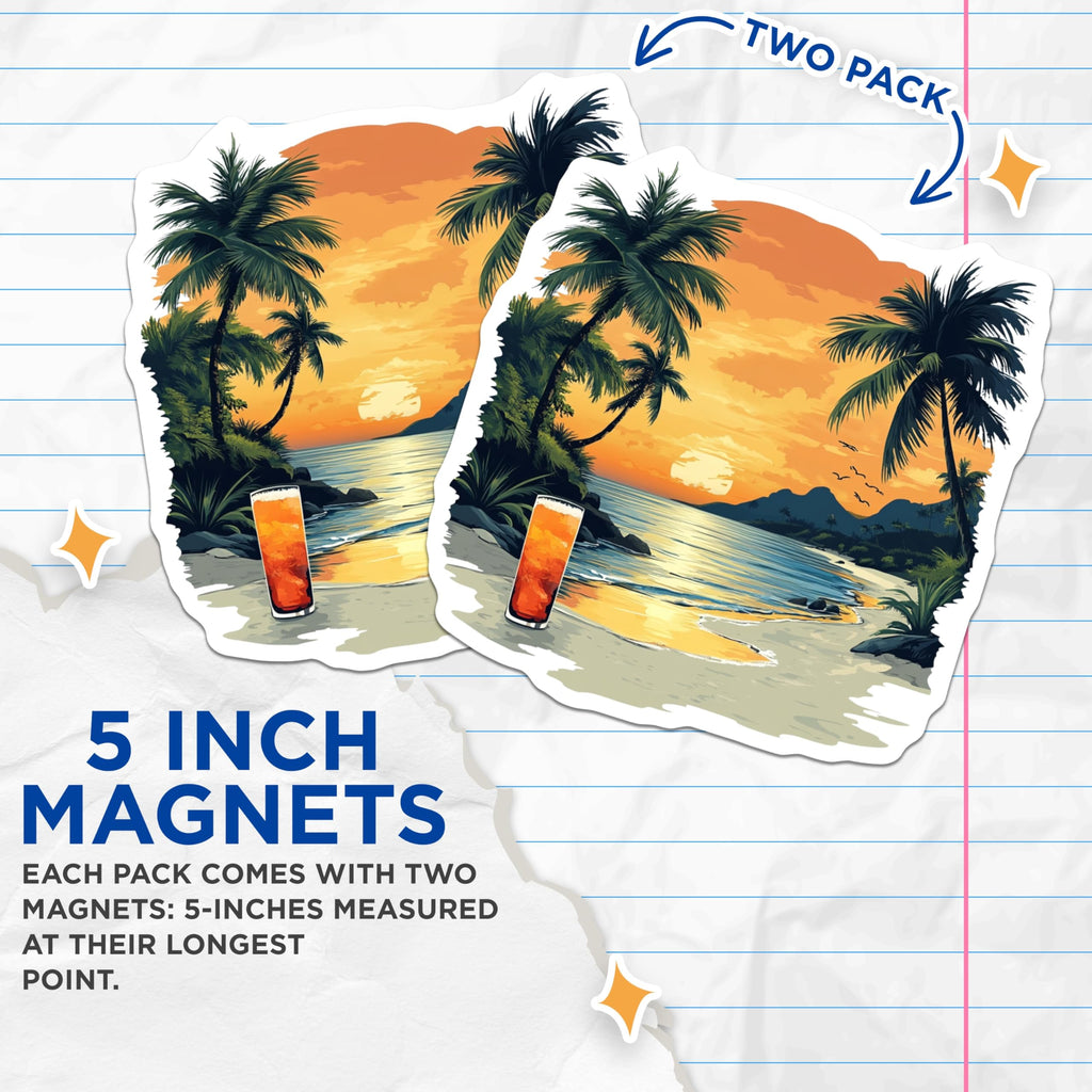 (2 Pack) Tropical Sunset Beach Magnets - Coastal Vacation Decor - Relaxing Ocean View Art - 5 Inches On Longest Side - Thick Durable Magnet - Made in USA - MAG29250