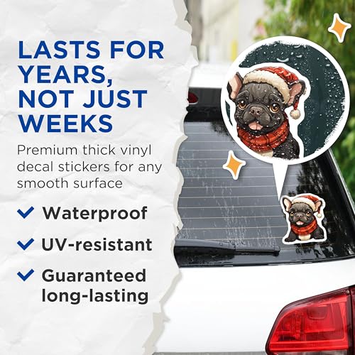 (2 Pack) French Bulldog Christmas Stickers - Cute Dog Stickers - Holiday Pet Stickers - Festive Animal Stickers - 5" On Longest Side - Sticks to Smooth Flat Surfaces - Made in USA - BMCS3935