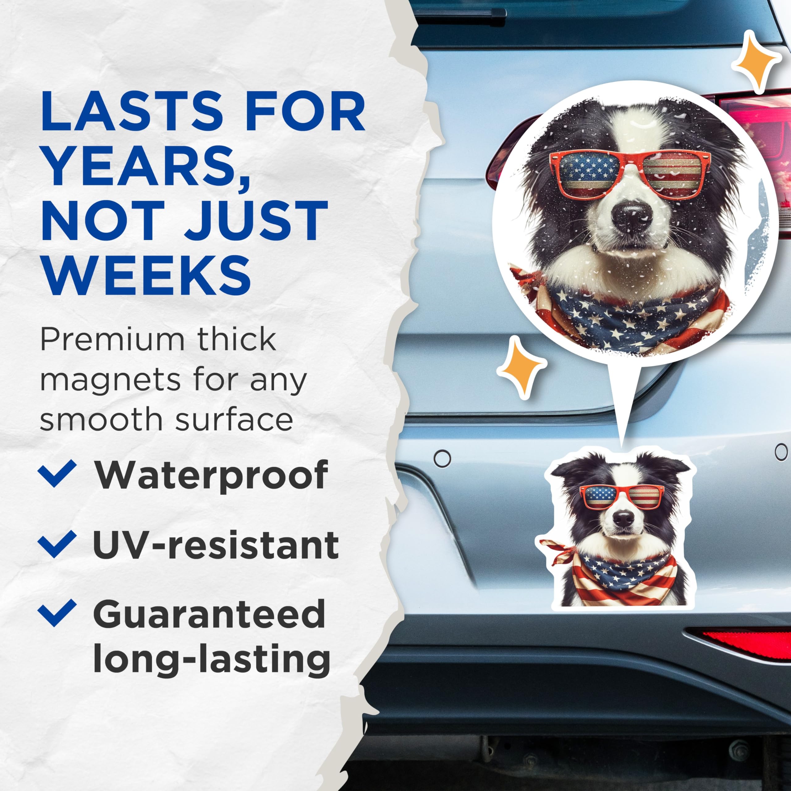 (2 Pack) Patriotic Dog Magnets - American Flag Sunglasses - Collie with Bandana - 5" On Longest Side - Premium Magnet - for Cars, Refrigerators, Toolboxes, Lockers - Made in USA - MAG14639