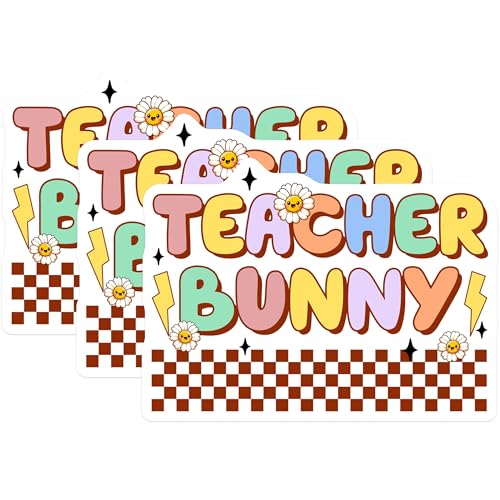 (3 Pack) Teacher Bunny Decals - Retro Teacher Decals - Cute Flower Decal - 3 Inches On Longest Side - Easy Peel & Apply - Made in USA - 3MCS6908
