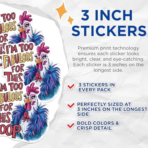 (3 Pack) Fabulous Chicken Decals - Funny Farm Animal Art - Sassy Hen Laptop Decal - 3 Inches On Longest Side - Easy Peel & Apply - Made in USA - 3MCS0893