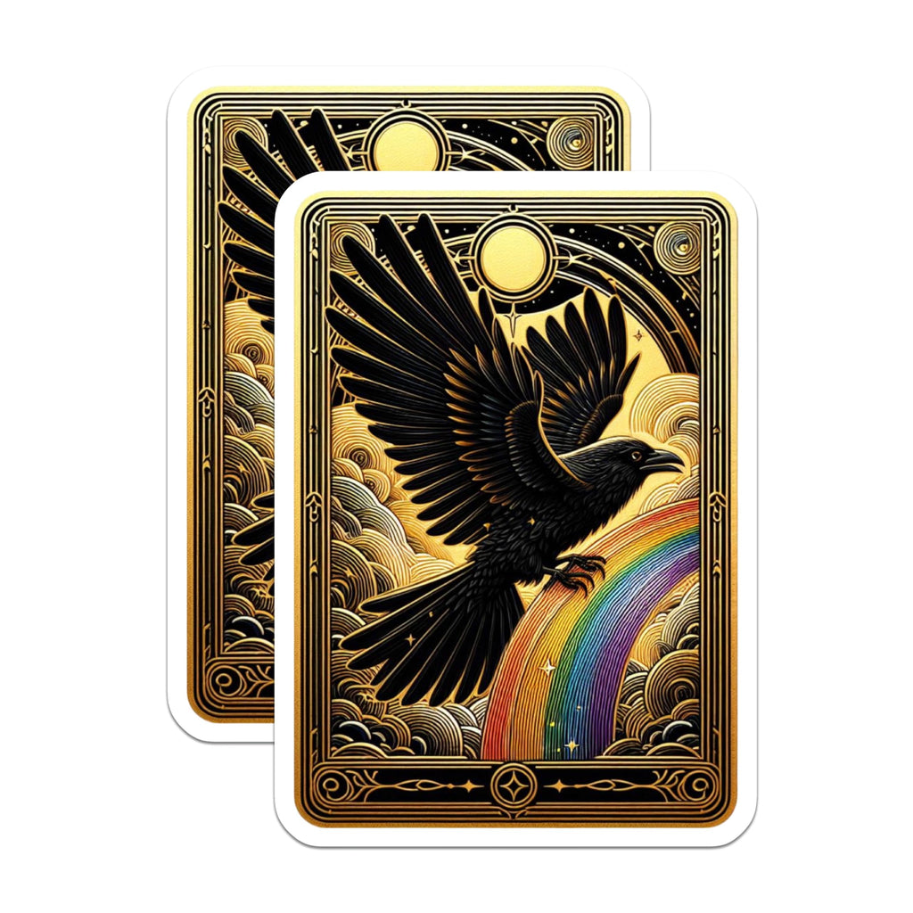 (2 Pack) Black Raven Magnets - Art Deco Crow Rainbow - Golden Celestial Fridge Decor - 5 Inches On Longest Side - Thick Durable Magnet - Made in USA - MAG21117