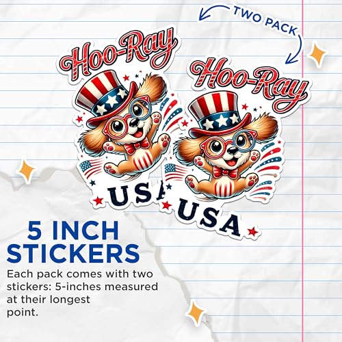(2 Pack) Hoo-Ray USA Stickers - Patriotic Dog Stickers - Fourth of July Stickers - 5" On Longest Side - Sticks to Any Smooth Flat Surface - Made in USA - BMCS2722