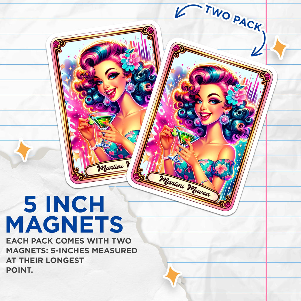 (2 Pack) Martini Maven Magnets - Vibrant Cocktail Art Decor - Retro Pinup Kitchen Accents - Bar Area Fun - 5 Inches On Longest Side - Thick Durable Magnet - Made in USA - MAG22782