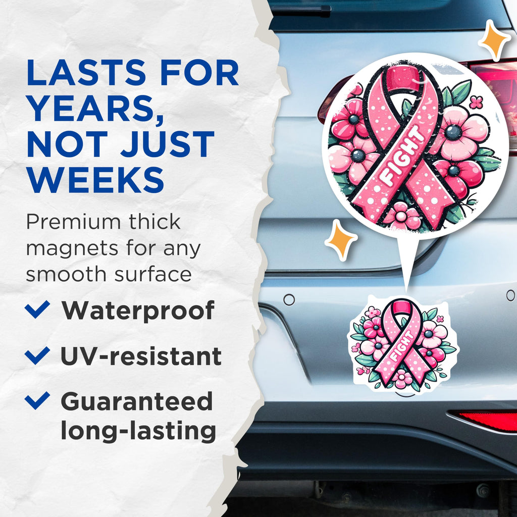 (2 Pack) Breast Cancer Awareness Magnets - Pink Ribbon Flowers - Fight Cancer Supporter - 5" On Longest Side - Premium Magnet - for Cars, Refrigerators, Toolboxes, Lockers - Made in USA - MAG16861