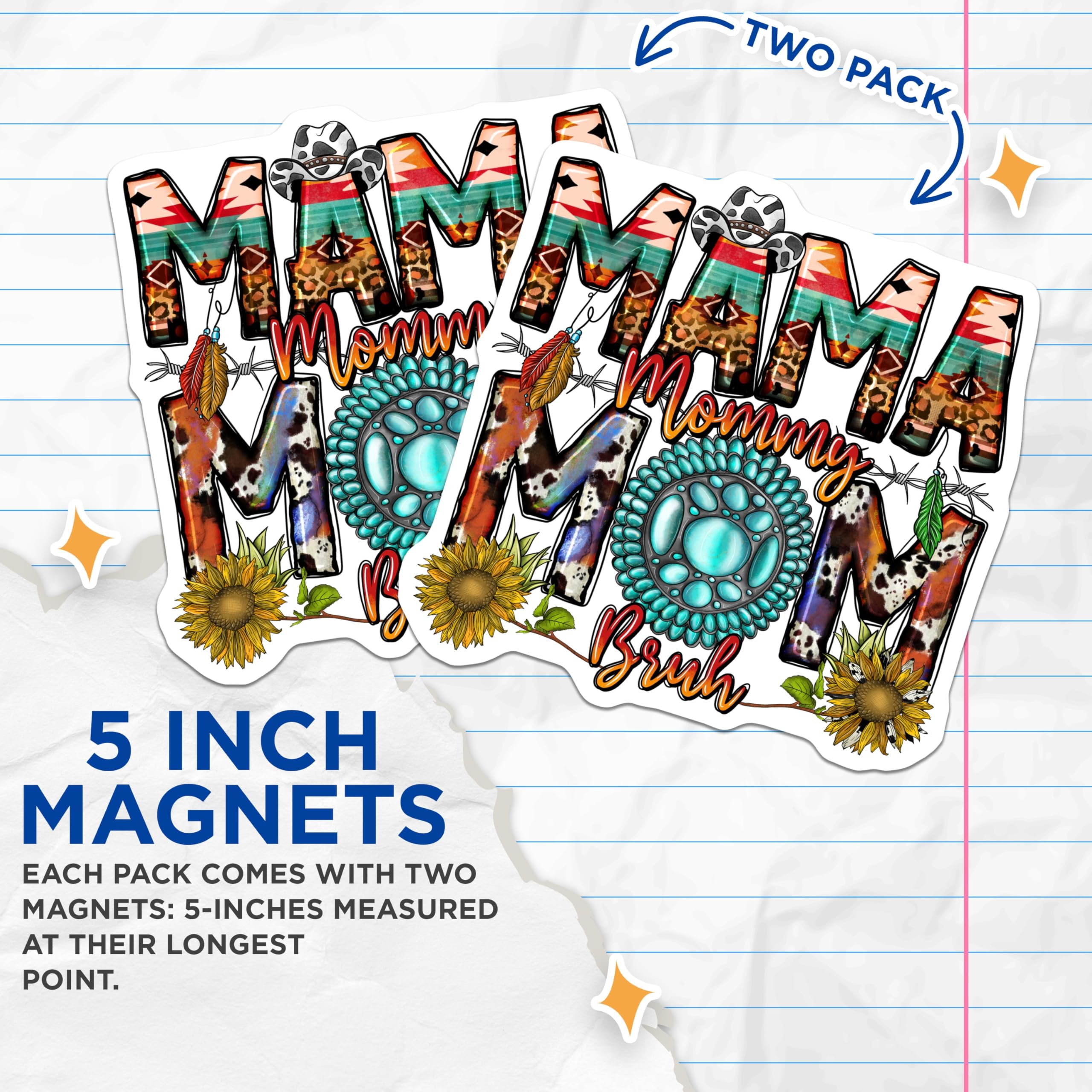 (2 Pack) Western Mama Magnets - Funny Mommy Mom Bruh Quote - Rustic Boho Style Kitchen Fridge Accent Decorations - 5 Inches On Longest Side - Thick Durable Magnet - Made in USA - MAG24418