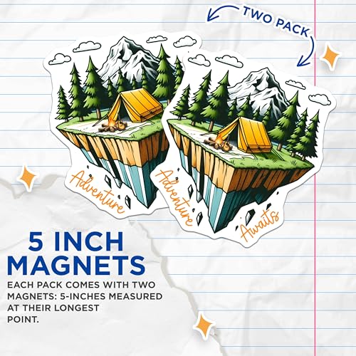 (2 Pack) Adventure Awaits Magnets - Camping Tent Magnets - Nature Lover Magnets - Outdoor Adventure Magnets - 5" On Longest Side - for Cars, Refrigerators, Toolboxes, Lockers - Made in USA BMCS3269