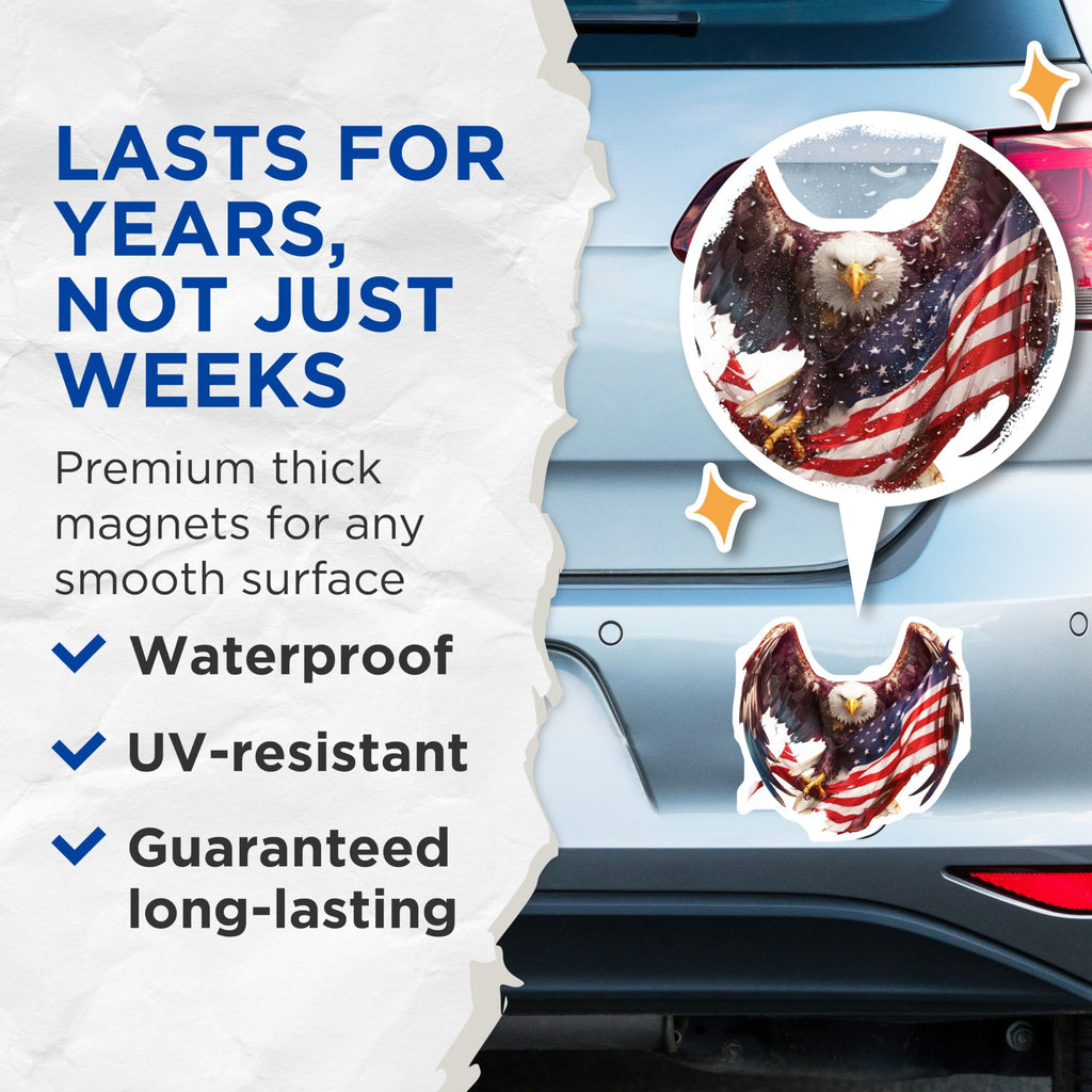 (2 Pack) Bald Eagle Magnets - American Flag Design - Patriotic USA Decor - Freedom Symbol Art - Veteran Appreciation Display - 5 Inches On Longest Side - Thick Durable Magnet - Made in USA - MAG23181