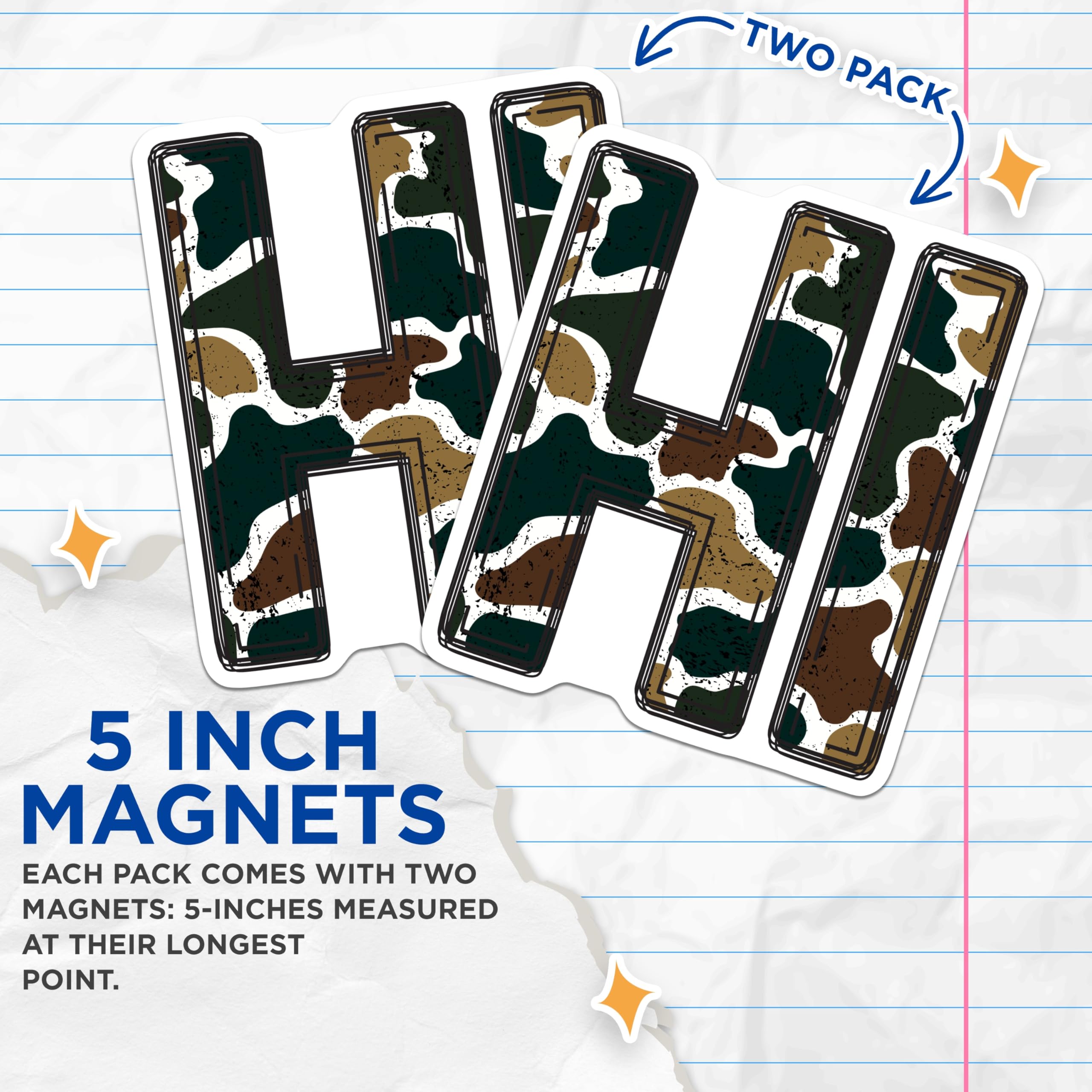 (2 Pack) Camouflage HI Magnets - Rustic Lettering Decor - Military Inspired Art - Fridge Locker Office Accessories - 5 Inches On Longest Side - Thick Durable Magnet - Made in USA - MAG22193