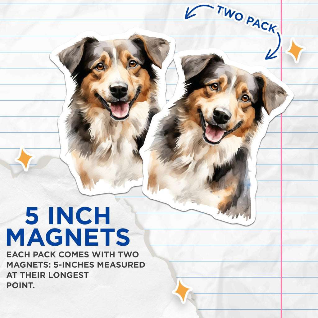 (2 Pack) Watercolor Australian Shepherd Magnets - Happy Dog Lover Art - Pet Owner Fridge Decor - 5 Inches On Longest Side - Thick Durable Magnet - Made in USA - MAG30063