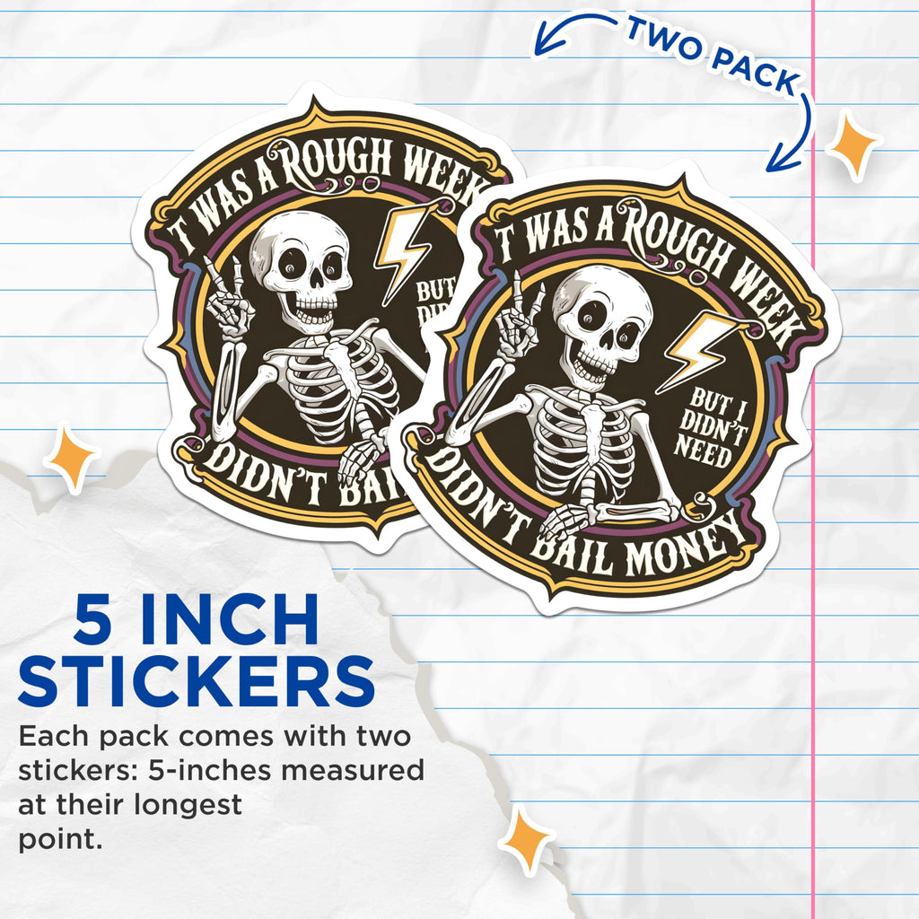 (2 Pack) Skeletal Humor Stickers - Rough Week Funny Stickers - Skeleton Peace Sign Decals - 5" On Longest Side - Sticks to Smooth Flat Surfaces - Made in USA - BMCS4380