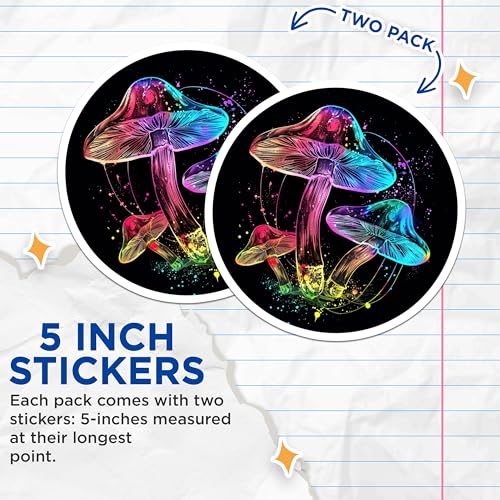 (2 Pack) Psychedelic Mushroom Stickers - Colorful Mushroom Art - Trippy Mushroom Decal - 5" On Longest Side - Sticks to Smooth Flat Surfaces - Made in USA - BMCS6728