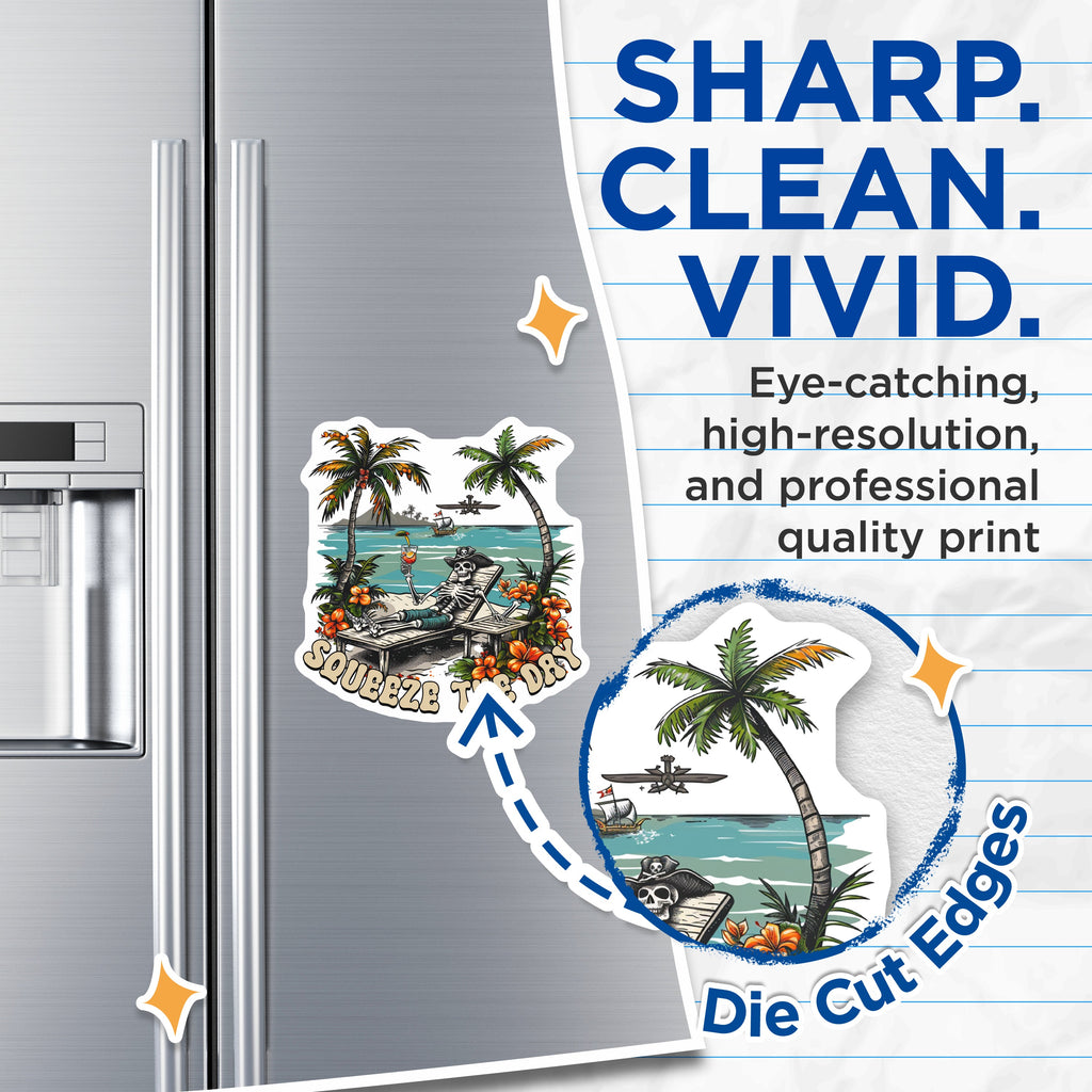 (2 Pack) Squeeze The Day Skeleton Magnets - Pirate Beach Vacation - Tropical Skull Fridge Locker Decor - 5 Inches On Longest Side - Thick Durable Magnet - Made in USA - MAG36420